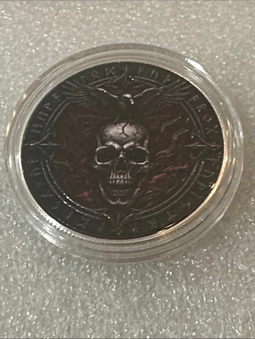 Memento Mori Skull Coin Medallion — Black & Red